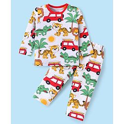 Babyhug Cotton Knit Full Sleeves Night Suit with Animal Print - Offwhite