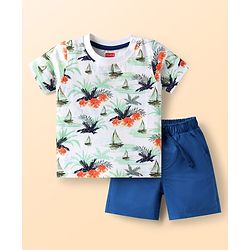 Babyhug Single Jersey Knit Half Sleeves T-Shirt & Shorts Set with Beach Theme Print -  Blue