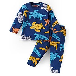 Babyhug Cotton Knit Full Sleeves Night Suit With Turtle Print - Navy Blue