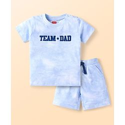 Babyhug Single Jersey Knit Half Sleeves T-Shirt & Shorts Set with Team Dad Text Print - White & Light Blue