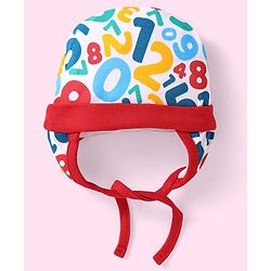 Babyhug 100% Cotton Knit Tie Knot Cap with Number Print Red - Diameter 17 cm