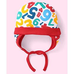 Babyhug 100% Cotton Knit Tie Knot Cap with Number Print Red - Diameter 17 cm