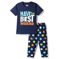 Babyhug Cotton Knit Half Sleeves Night Suit With Text & Star Print - Navy Blue