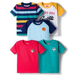 Babyhug Cotton Knit Half Raglan Sleeves T-Shirts with Sports Print & Stripes Pack of 5 - Multicolor
