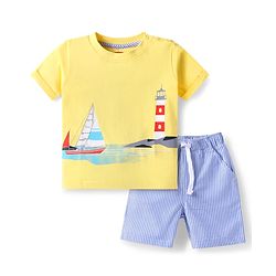 Babyhug Single Jersey Knit Half Sleeves T-Shirt & Shorts Set with Beach Theme Print - Yellow