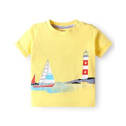 Babyhug Single Jersey Knit Half Sleeves T-Shirt & Shorts Set with Beach Theme Print - Yellow