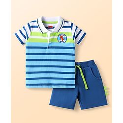 Babyhug Single Jersey Knit Half Sleeves Polo T-Shirt & Shorts Set with Stripes & Patch - Blue