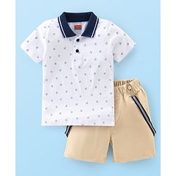 Babyhug Single Jersey Knit Half Sleeves Boat Printed T-Shirt & Shorts Set - White & Blue
