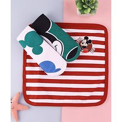 Babyhug Disney Interlock Knit Wash Cloths with Mickey Mouse Graphics & Stripes Pack of 3 L 29 cm X B 29 cm - Green White & Red