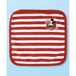 Babyhug Disney Interlock Knit Wash Cloths with Mickey Mouse Graphics & Stripes Pack of 3 L 29 cm X B 29 cm - Green White & Red