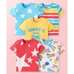 Babyhug Cotton Knit Half Sleeves  T-Shirts with Stripes & Star Print Pack of 5 - Blue Red & Yellow