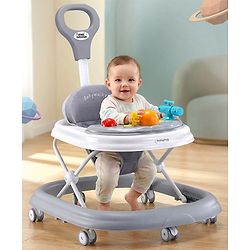 Babyhug Foldable Space Baby Walker with Parental Push Handle & Musical Toy Bar - Grey| Cushion Seat| Adjustable Height| Smooth Swivel Wheels| Removable Parental Handle