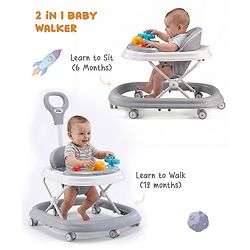 Babyhug Foldable Space Baby Walker with Parental Push Handle & Musical Toy Bar - Grey| Cushion Seat| Adjustable Height| Smooth Swivel Wheels| Removable Parental Handle