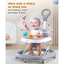 Babyhug Foldable Space Baby Walker with Parental Push Handle & Musical Toy Bar - Grey| Cushion Seat| Adjustable Height| Smooth Swivel Wheels| Removable Parental Handle