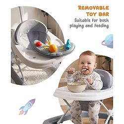 Babyhug Foldable Space Baby Walker with Parental Push Handle & Musical Toy Bar - Grey| Cushion Seat| Adjustable Height| Smooth Swivel Wheels| Removable Parental Handle