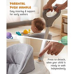 Babyhug Foldable Space Baby Walker with Parental Push Handle & Musical Toy Bar - Grey| Cushion Seat| Adjustable Height| Smooth Swivel Wheels| Removable Parental Handle