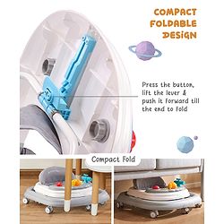 Babyhug Foldable Space Baby Walker with Parental Push Handle & Musical Toy Bar - Grey| Cushion Seat| Adjustable Height| Smooth Swivel Wheels| Removable Parental Handle