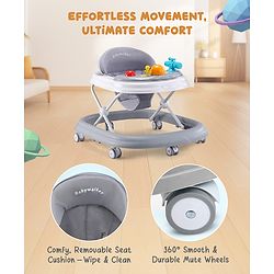 Babyhug Foldable Space Baby Walker with Parental Push Handle & Musical Toy Bar - Grey| Cushion Seat| Adjustable Height| Smooth Swivel Wheels| Removable Parental Handle