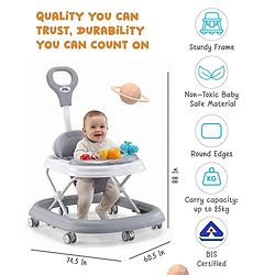 Babyhug Foldable Space Baby Walker with Parental Push Handle & Musical Toy Bar - Grey| Cushion Seat| Adjustable Height| Smooth Swivel Wheels| Removable Parental Handle