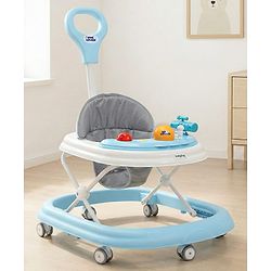 Babyhug Foldable Space Baby Walker with Parental Push Handle & Musical Toy Bar - Grey| Cushion Seat| Adjustable Height| Smooth Swivel Wheels| Removable Parental Handle