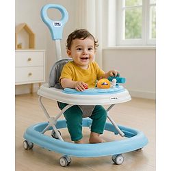 Babyhug Foldable Space Baby Walker with Parental Push Handle & Musical Toy Bar - Grey| Cushion Seat| Adjustable Height| Smooth Swivel Wheels| Removable Parental Handle