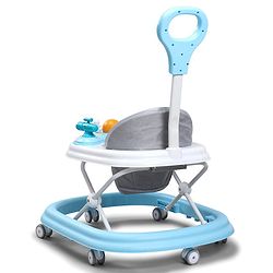 Babyhug Foldable Space Baby Walker with Parental Push Handle & Musical Toy Bar - Grey| Cushion Seat| Adjustable Height| Smooth Swivel Wheels| Removable Parental Handle