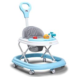 Babyhug Foldable Space Baby Walker with Parental Push Handle & Musical Toy Bar - Grey| Cushion Seat| Adjustable Height| Smooth Swivel Wheels| Removable Parental Handle