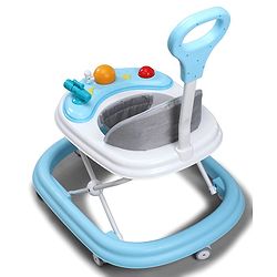 Babyhug Foldable Space Baby Walker with Parental Push Handle & Musical Toy Bar - Grey| Cushion Seat| Adjustable Height| Smooth Swivel Wheels| Removable Parental Handle