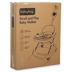 Babyhug Foldable Space Baby Walker with Parental Push Handle & Musical Toy Bar - Grey| Cushion Seat| Adjustable Height| Smooth Swivel Wheels| Removable Parental Handle