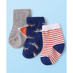 Cute Walk by Babyhug Knit Ankle Length Antibacterial Socks with Whale Design & Stripes Pack of 3 - Red Navy Blue & Grey