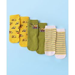 Cute Walk By Babyhug Knit Ankle Length Anti-Bacterial Socks with Stripes & Vehicle Design Pack of 3 - Yellow & Green