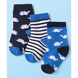 Cute Walk By Babyhug Knit Ankle Length Anti-Bacterial Socks with Stripes & Dino Design Pack of 3 - Blue & Black