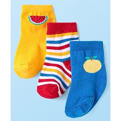 Cute Walk By Babyhug Anti-Bacterial Ankle Length Socks With Stripe & Fruit Design Pack of 3 - Red & Blue