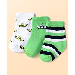 Cute Walk by Babyhug Knit Ankle Length Antibacterial Socks with Paper Boat Design & Stripes Pack of 3 - White & Green