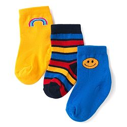 Cute Walk By Babyhug Anti-Bacterial Ankle Length Socks with Stripes & Smiley Design Pack of 3 - Blue & Yellow