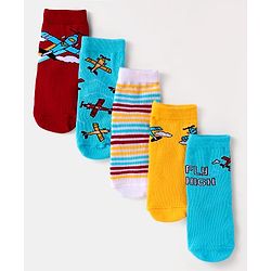 Cute Walk By Babyhug Anti-Bacterial Ankle Length Socks with Stripes & Airplane Design Pack of 5 - Blue & Yellow