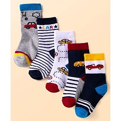 Cute Walk By Babyhug Anti-Bacterial Ankle Length Socks with Stripes & Vehicle Design Pack of 5 - Black & White