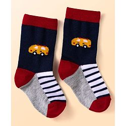 Cute Walk By Babyhug Anti-Bacterial Ankle Length Socks with Stripes & Vehicle Design Pack of 5 - Black & White