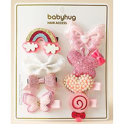 Babyhug Hair Clips with Butterfly Bow Heart Applique Pack of 8 - Multicolor