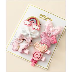 Babyhug Hair Clips with Butterfly Bow Heart Applique Pack of 8 - Multicolor