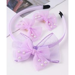 Babyhug Hairband & Clip with Bow Applique Hair Accessories Set - Purple