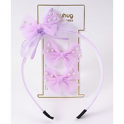 Babyhug Hairband & Clip with Bow Applique Hair Accessories Set - Purple