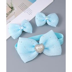 Babyhug Headband & Clips with Bow Applique Accessories Set - Light Blue