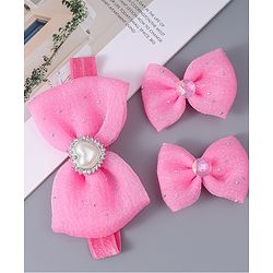 Babyhug Headband & Clips with Bow Applique Accessories Set - Dark Pink