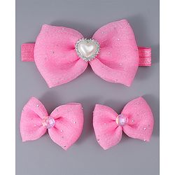 Babyhug Headband & Clips with Bow Applique Accessories Set - Dark Pink