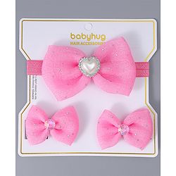 Babyhug Headband & Clips with Bow Applique Accessories Set - Dark Pink