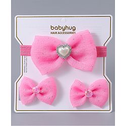 Babyhug Headband & Clips with Bow Applique Accessories Set - Dark Pink