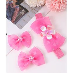 Babyhug Headband & Clips with Bow Applique Accessories Set - Fuchsia
