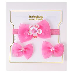 Babyhug Headband & Clips with Bow Applique Accessories Set - Fuchsia