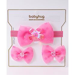 Babyhug Headband & Clips with Bow Applique Accessories Set - Fuchsia